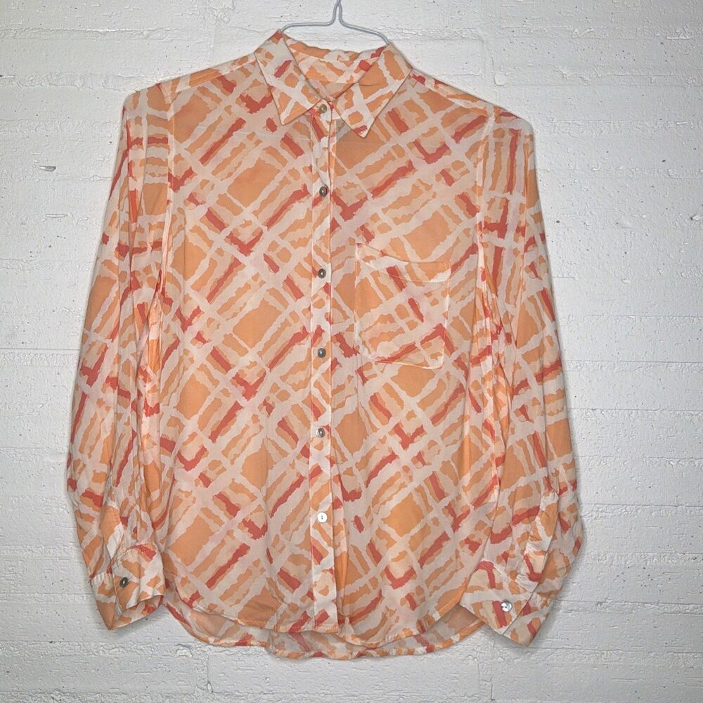 Rails Josephine Peach Watercolor Plaid Blouse XS Boho Coastal Resort Retro